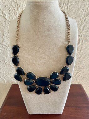 Bold Black Faceted Collar Necklace Gold Tone Statement Jewelry